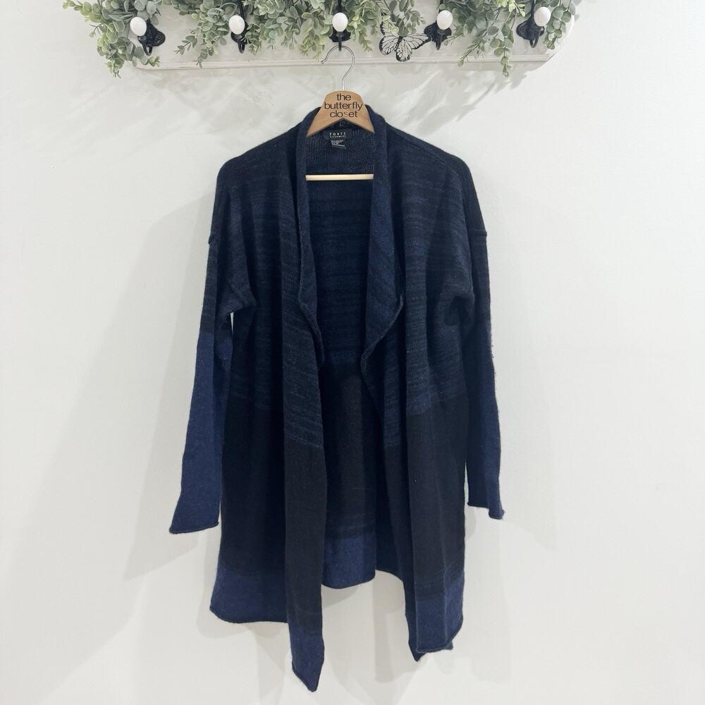 Forte Cashmere Black And Blue Open Striped 100% Cashmere Long Sleeve Sz M luxury